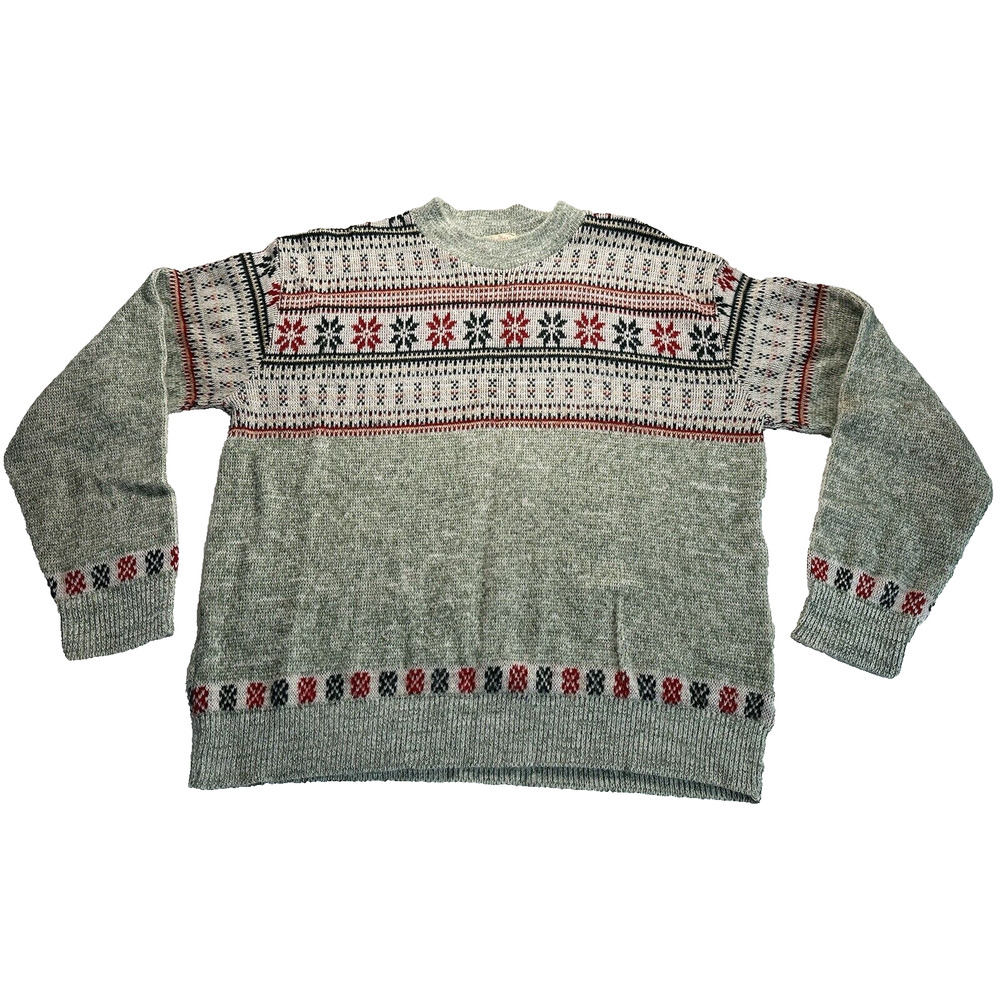 Vintage Handmade Sweater, *Large White/Green/Red Floral pattern Cottagecore